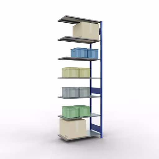 Aanbouwrekken, rekken, insteeksysteem MULTIplus150, 3000 x 1000 x 500 mm, 7 legborden, lengtestangen, RAL 5010 gentiaanblauw/verzinkt met GTIN 4004514280824 Aanbouwrekken, legbordstellingen, insteeksysteem MULTIplus150, 3000 x 1000 x 500 mm, 7 legborden, lengtestangen, RAL 5010 gentiaanblauw/verzinkt van Schulte Lagertechnik met artikelnr. 12757-LR-B