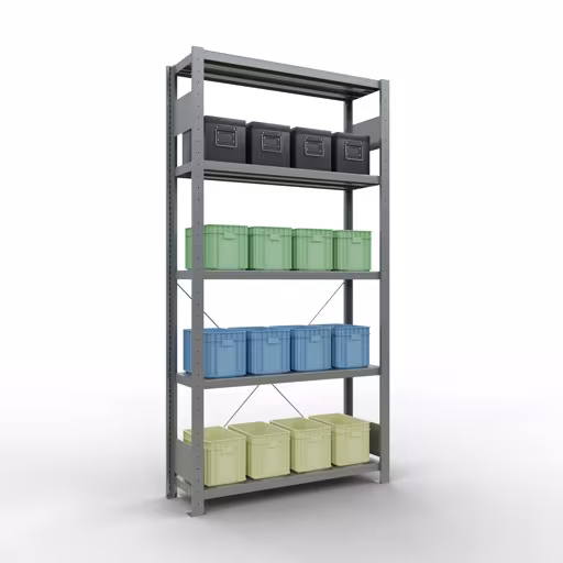 Productafbeelding nr. 15 van het artikel basisplank, legbord, insteeksysteem MULTIplus330, 2000 x 1000 x 300 mm (HxBxD), 5 legborden, kruisschoor, verzinkt Figuur nr. 15 van het artikel basisrek, legplank, insteeksysteem MULTIplus330, 2000 x 1000 x 300 mm, 5 legborden, kruisschoor, verzinkt uit de insteeksysteem productgroep van Schulte Lagertechnik.