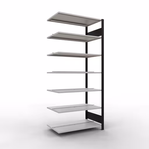 Aanbouwstelling, kantoorstelling, insteeksysteem MULTIplus150, 2300 x 1000 x 600 mm (HxBxD), 7 legborden, lengtestangen, met middenaanslag, zwart/lichtgrijs, insteeksysteem, art.nr. 36052-S