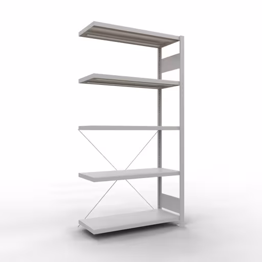 Aanbouwrekken, rekken, insteeksysteem MULTIplus330, 2000 x 1000 x 400 mm (HxBxD), 5 planken, kruisschoor, RAL 7035 lichtgrijs van Schulte Lagertechnik Aanbouwrekken, rekken, insteeksysteem MULTIplus330, 2000 x 1000 x 400 mm (HxBxD), 5 legborden, kruisschoor, RAL 7035 lichtgrijs, aanbouwplank, art.nr. 33845