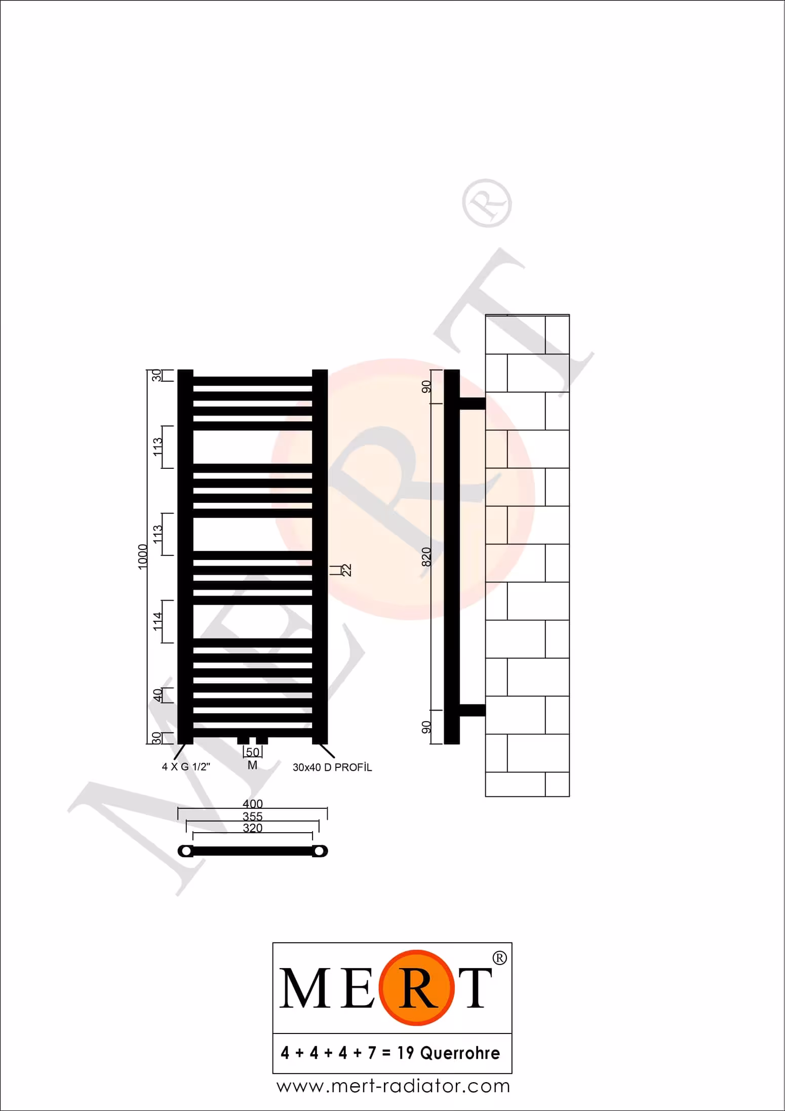 MERT badkamerradiator wit recht, 400*1000 mm, middenaansluiting van MERT uit de categorie radiatoren