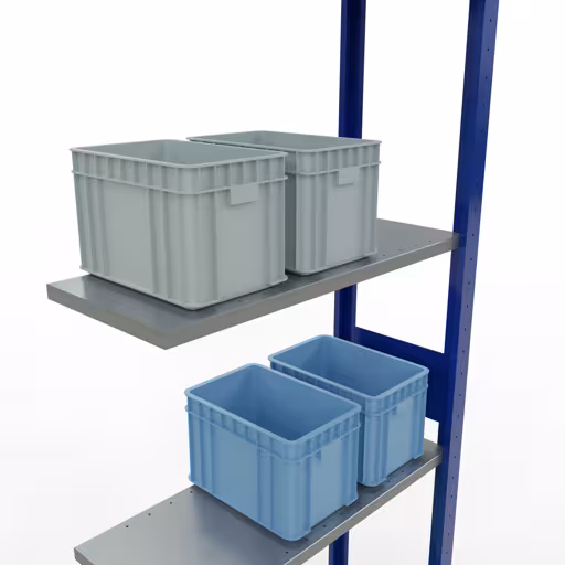 Extra afbeelding van het artikel Aanbouwplank, legplank MULTIplus150 insteeksysteem, 3000 x 750 x 300 mm, 7 legborden, lengtebalk, RAL 5010 gentiaanblauw/verzinkt/verzinkt vanaf opzetplank