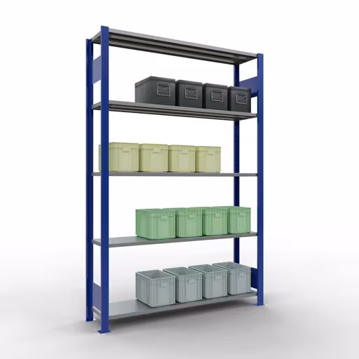 Extra afbeelding van het artikel Basisplank, legbord, insteeksysteem MULTIplus150, 2000 x 1300 x 300 mm (HxBxD), 5 legborden, lengtebalk, RAL 5010 gentiaanblauw/verzinkt Extra afbeelding van het artikel Basisplank, legplank, insteeksysteem MULTIplus150, 2000 x 1300 x 300 mm, 5 legborden, RAL 5010 gentiaanblauw/verzinkt vanaf basisplank