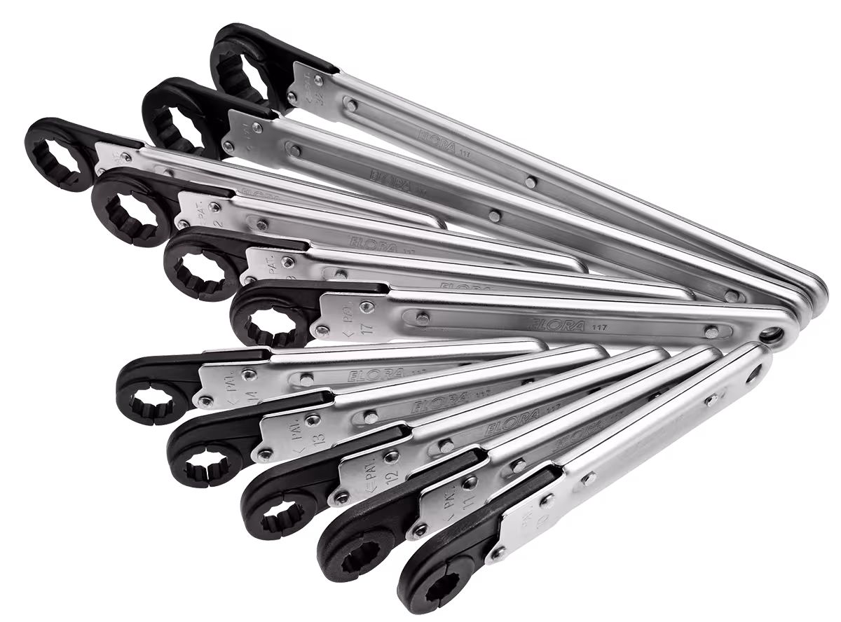Ringratelsleutelset, scharnierend, 11-delig 10-32 mm 117 S11 van ELORA Ringratelsleutelset, opvouwbaar, ELORA-117 S uit de categorie ringsteeksleutels met artikelnr. 0117500111000