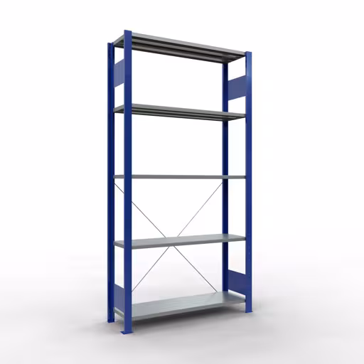 Basisplank, legplank, insteeksysteem MULTIplus85, 2000 x 1000 x 300 mm (HxBxD), 5 legborden, kruisschoor, RAL 5010 gentiaanblauw, basisplank, art.nr. 13130-B