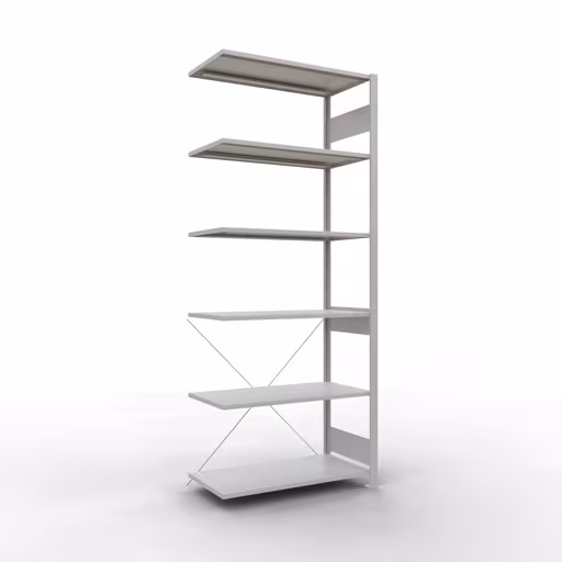 Aanbouwrekken, rekken, insteeksysteem MULTIplus85, 2500 x 1000 x 500 mm (HxBxD), 6 planken, kruisschoor, RAL 7035 lichtgrijs van Schulte Lagertechnik Aanbouwrekken, legborden, insteeksysteem MULTIplus85, 2500 x 1000 x 500 mm (HxBxD), 6 legborden, kruisschoor, RAL 7035 lichtgrijs, aanbouwplank, art.nr. 33056