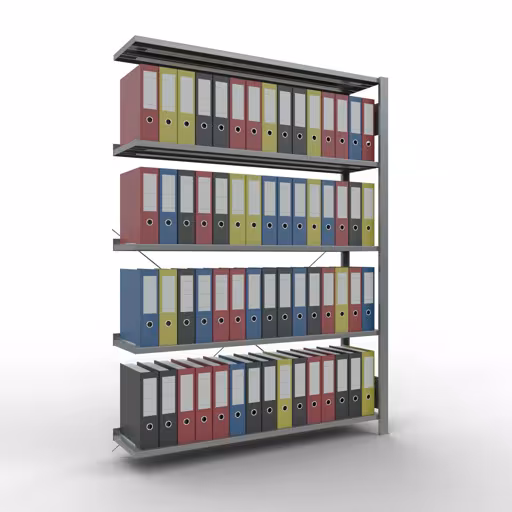Figuur nr. 9 van het artikel aanbouwrekken, kantoorrekken, insteeksysteem MULTIplus85, 1800 x 1300 x 300 mm, 5 legborden, kruisschoor, verzinkt, met aanslagbeugel uit de productgroep kantoorrekken van Schulte Lagertechnik.