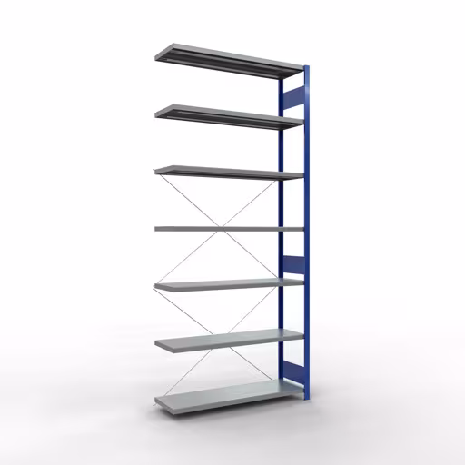Aanbouwrekken, rekken, insteeksysteem MULTIplus250, 3000 x 1300 x 400 mm (HxBxD), 7 legborden, kruisschoor, RAL 5010 gentiaanblauw/verzinkt, aanbouwplank, art.nr. 12947-130-B