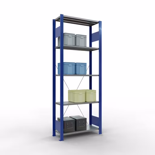 Basisplank, legplank, insteeksysteem MULTIplus150, 2000 x 750 x 300 mm (HxBxD), 5 legborden, kruisschoor, RAL 5010 gentiaanblauw/verzinkt/verzinkt uit de categorie basisplanken met de GTIN 4004514279446 Basisplank, legbord, insteeksysteem MULTIplus150, 2000 x 750 x 300 mm, 5 legborden, kruisschoor, RAL 5010 gentiaanblauw/verzinkt/verzinkt van Schulte Lagertechnik uit het plug-in systeem-assortiment