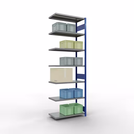 Aanbouwrekken, rekken, insteeksysteem MULTIplus330, 3000 x 1000 x 500 mm, 7 legborden, lengtestangen, RAL 5010 gentiaanblauw/verzinkt van het merk Schulte Lagertechnik uit het assortiment insteeksystemen