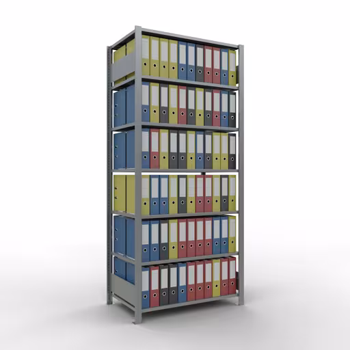 Basisplank, kantoorstelling, insteeksysteem MULTIplus150, 2300 x 1000 x 600 mm, 7 legborden, lengtestangen, verzinkt, met middenaanslag uit de categorie insteeksysteem met de GTIN 4004514220141 , kantoorreksysteem MULTIplus150, 2300 x 1000 x 600 mm, 7 legborden, verzinkt, met middenaanslag van Schulte Lagertechnik uit het assortiment kantoorrekken