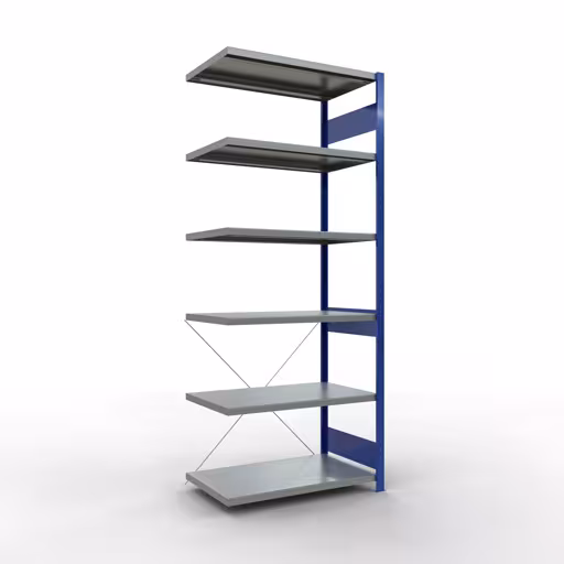 Aanbouwrekken, rekken, insteeksysteem MULTIplus250, 2500 x 1000 x 600 mm (HxBxD), 6 planken, kruisschoor, RAL 5010 gentiaanblauw/gegalvaniseerd van Schulte Lagertechnik Aanbouwrekken, rekken, insteeksysteem MULTIplus250, 2500 x 1000 x 600 mm (HxBxD), 6 legborden, kruisschoor, RAL 5010 gentiaanblauw/verzinkt, aanbouwplank, art.nr. 12966-B