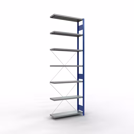 Aanbouwrekken, rekken, insteeksysteem MULTIplus330, 3000 x 1000 x 300 mm (HxBxD), 7 legborden, kruisschoor, RAL 5010 gentiaanblauw/verzinkt, aanbouwplank, art.nr. 13937-B