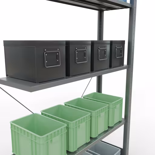 Productafbeelding nr. 15 van het artikel Aanbouwrekken, stellingrekken, insteeksysteem MULTIplus85, 2000 x 1000 x 300 mm (HxBxD), 5 legborden, kruisschoor, verzinkt Figuur nr. 15 van het artikel aanbouwrekken, legbordstellingen, insteeksysteem MULTIplus85, 2000 x 1000 x 300 mm, 5 legborden, verzinkt uit de productgroep insteeksysteem van het merk Schulte Lagertechnik.