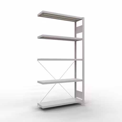 Aanbouwrekken, legborden, insteeksysteem MULTIplus330, 2000 x 1000 x 300 mm (HxBxD), 5 legborden, kruisschoor, RAL 7035 lichtgrijs, aanbouwplank, art.nr. 33835
