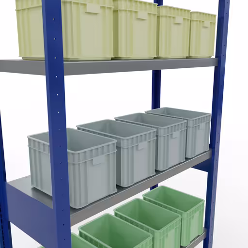 Productafbeelding nr. 15 van het artikel basisplank, legbord, insteeksysteem MULTIplus250, 2500 x 1000 x 400 mm (HxBxD), 6 legborden, lengtestangen, RAL 5010 gentiaanblauw/verzinkt Figuur nr. 15 van het artikel basisrek, legbord, insteeksysteem MULTIplus250, 2500 x 1000 x 400 mm, 6 legborden, lengtestangen, RAL 5010 gentiaanblauw/verzinkt uit de insteeksysteem productgroep van Schulte Lagertechnik.