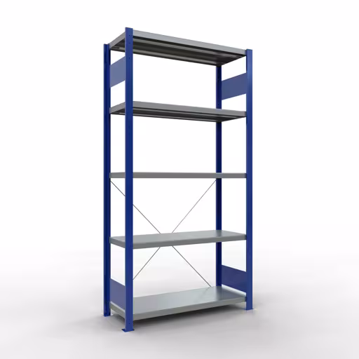 Basisplank, legbord, insteeksysteem MULTIplus250, 2000 x 1000 x 400 mm, 5 legborden, kruisschoor, RAL 5010 gentiaanblauw/verzinkt van Schulte Lagertechnik met artikelnr. 12940-B