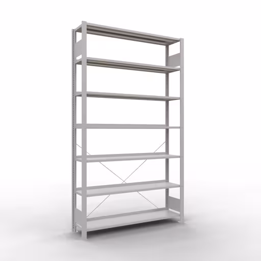 Basisplank, kantoorrek, insteeksysteem MULTIplus85, 2300 x 1300 x 300 mm (HxBxD), 7 planken, dwarsschoor, met stoplijst, lichtgrijs, insteeksysteem, art.nr. 36014
