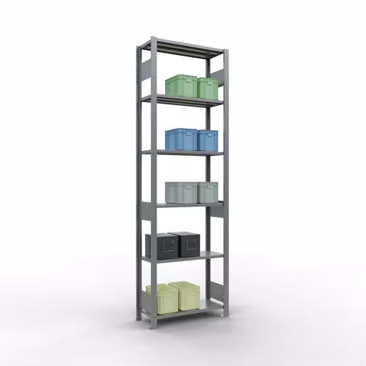 Basisplank, legbord, insteeksysteem MULTIplus150, 2500 x 750 x 300 mm (HxBxD), 6 legborden, lengtestangen, verzinkt met artikelnr. 12731-75-LR Basisplank, legbord, insteeksysteem MULTIplus150, 2500 x 750 x 300 mm, 6 legborden, verzinkt van Schulte Lagertechnik uit de categorie insteeksysteem