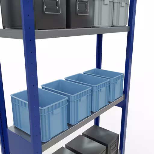 Productafbeelding nr. 15 van het artikel basisplank, legbord, insteeksysteem MULTIplus250, 3000 x 1000 x 300 mm (HxBxD), 7 legborden, lengtebalk, RAL 5010 gentiaanblauw/verzinkt Figuur nr. 15 van het artikel basisrek, legbord, insteeksysteem MULTIplus250, 3000 x 1000 x 300 mm, 7 legborden, lengtestangen, RAL 5010 gentiaanblauw/verzinkt uit de insteeksysteem productgroep van Schulte Lagertechnik.