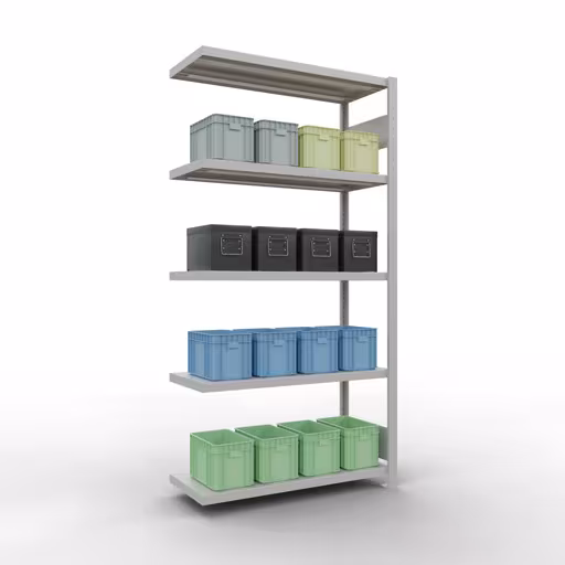 Aanbouwrek, stelling, insteeksysteem MULTIplus330, 2000 x 1000 x 400 mm, 5 legborden, lengtestangen, RAL 7035 lichtgrijs van Schulte Lagertechnik uit het assortiment insteeksysteem