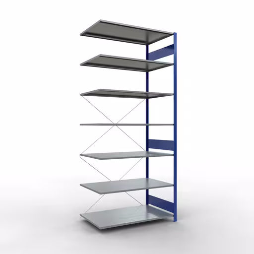 Extra afbeelding van het artikel Aanbouwplank, stellingkast MULTIplus150 insteeksysteem, 3000 x 1300 x 800 mm, 7 legborden, kruisschoor, RAL 5010 gentiaanblauw/verzinkt vanaf aanbouwplank