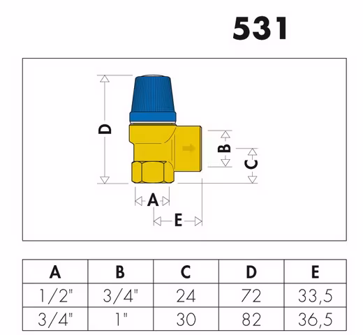 CA membraan veiligheidsventiel 1/2 inch x 3/4 inch, 10 bar voor huishoudelijk water, type Caleffi 531410 van Caleffi Caleffi veiligheidsventiel drinkwater 1/2" 6-10bar, veiligheidsventiel drinkwater, artikelnr. 531410