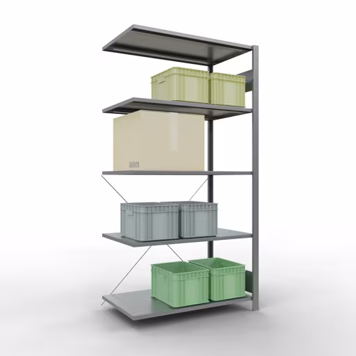Figuur nr. 9 van het artikel aanbouwrekken, legbordstellingen, insteeksysteem MULTIplus85, 2000 x 1000 x 600 mm, 5 legborden, verzinkt uit de insteeksysteem productgroep van Schulte Lagertechnik.