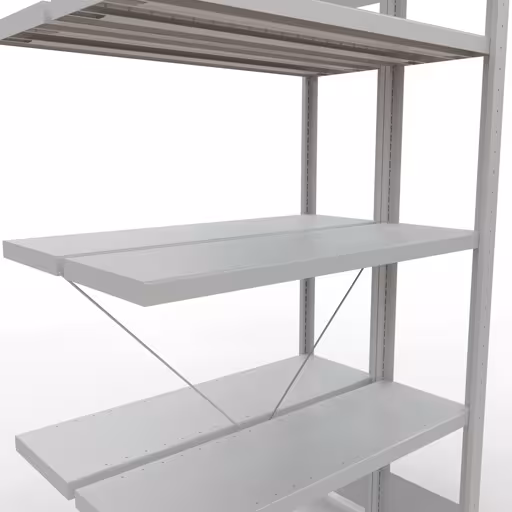 Extra afbeelding van het artikel Aanbouwplank, dubbele plank, legplank-insteeksysteem MULTIplus250, 2000 x 1000 x (2x300) mm, 2x5 legborden, kruisschoor, RAL 7035 lichtgrijs van dubbele legborden