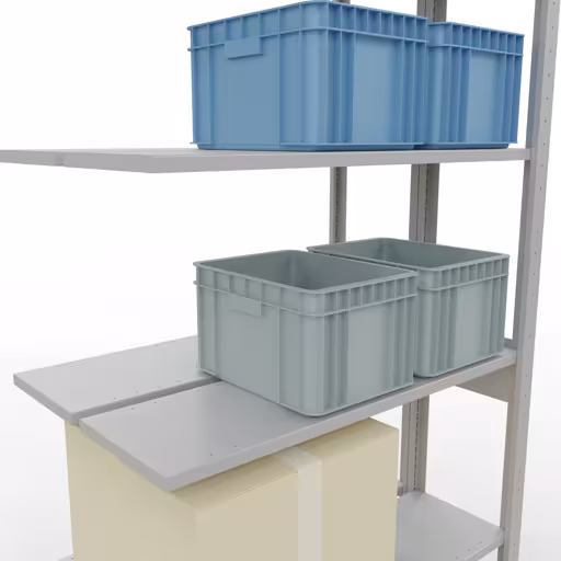 Productafbeelding nr. 8 van het artikel aanbouwrekken, dubbele rekken, stellingrekken, insteeksysteem MULTIplus150, 2500 x 1000 x (2x300) mm, 2x6 planken, RAL 7035 lichtgrijs uit het stellingstellingprogramma van Schulte Lagertechnik