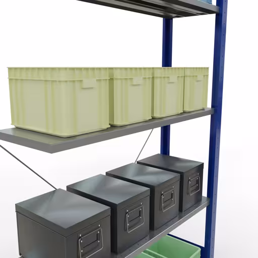 Extra afbeelding van het artikel Aanbouwplank, legbord, insteeksysteem MULTIplus150, 2000 x 1000 x 300 mm (HxBxD), 5 legborden, kruisschoor, RAL 5010/verzinkt Extra afbeelding van het artikel Aanbouwplank, legplank, insteeksysteem MULTIplus150, 2000 x 1000 x 300 mm, 5 legborden, RAL 5010/verzinkt vanaf opzetplank