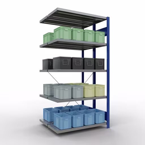 Figuur nr. 15 van het artikel aanbouwrekken, dubbele rekken, rekkensysteem MULTIplus250, 2000 x 1000 x (2x400) mm, 2x5 planken, kruisschoor, RAL 5010 gentiaanblauw uit de rekkenproductgroep van Schulte Lagertechnik.