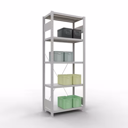 Basisplank, legbord, insteeksysteem MULTIplus250, 2000 x 750 x 400 mm (HxBxD), 5 legborden, kruisschoor, RAL 7035 lichtgrijs van het merk Schulte Lagertechnik uit het plug-in systeem assortiment