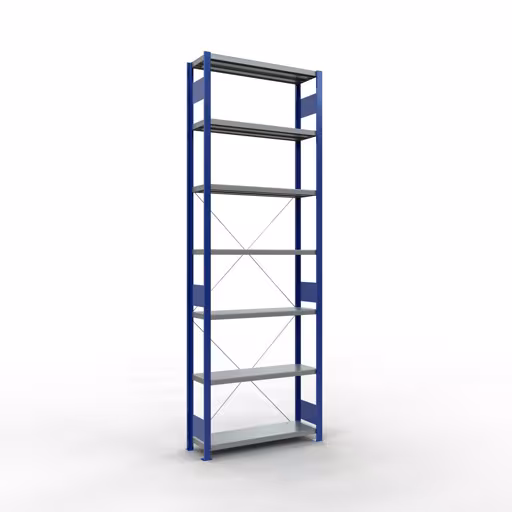 Basisplank, legplank, insteeksysteem MULTIplus250, 3000 x 1000 x 300 mm (HxBxD), 7 legborden, kruisschoor, RAL 5010 gentiaanblauw/verzinkt, basisplank, art.nr. 12932-B