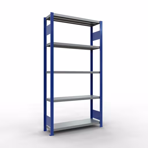 Basisplank, legplank, insteeksysteem MULTIplus250, 2000 x 1000 x 300 mm (HxBxD), 5 legborden, lengtestang, RAL 5010 gentiaanblauw/verzinkt, basisplank, art.nr. 12930-LR-B