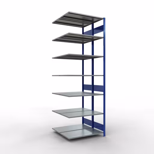 Aanbouwrekken, dubbele rekken, stellingsysteem MULTIplus150, 3000 x 1000 x (2x500) mm (HxBxD), 2x7 planken, lengtestangen, RAL 5010 gentiaanblauw van Schulte Lagertechnik Aanbouwrekken, dubbele rekken, stellingsysteem MULTIplus150, 3000 x 1000 x (2x500) mm (HxBxD), 2x7 planken, lengtestangen, RAL 5010 gentiaanblauw, dubbele planken, art.nr. 33157-B