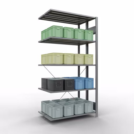 Afbeelding nr. 16 van het artikel aanbouwrekken, dubbele rekken, stellingrekken, insteeksysteem MULTIplus150, 2000 x 1000 x (2x300) mm, 2x5 legborden, kruisschoor, verzinkt uit de productgroep stellingstellingen van Schulte Lagertechnik