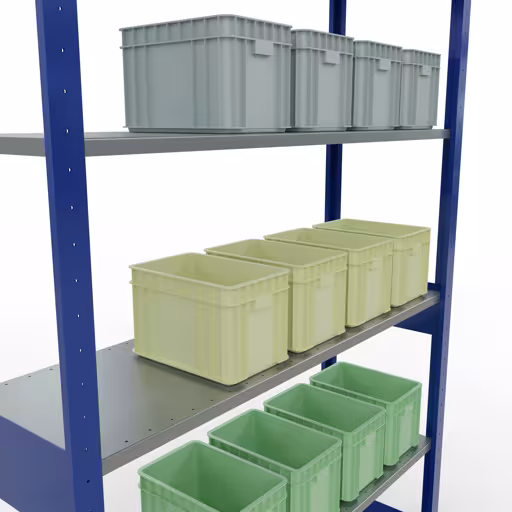 Basisstelling, legbordstelling, insteeksysteem MULTIplus150, 2500 x 1300 x 400 mm (HxBxD), 6 legborden, lengtestangen, RAL 5010 gentiaanblauw/verzinkt met de GTIN 4058255012435 Basisplank, legbord, insteeksysteem MULTIplus150, 2500 x 1300 x 400 mm, 6 legborden, RAL 5010 gentiaanblauw/verzinkt van Schulte Lagertechnik met het artikelnr. 12741-130-LR-B