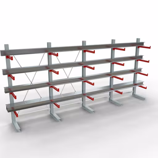 K 3000 compleet legbord, eenzijdig, 2500 x 5200 x 600 mm, RAL 7001 / RAL 3000, 5 opslagniveaus uit de categorie K3000 voor middelzware goederen met GTIN 4058255001385 K 3000 compleet legbord, eenzijdig, 2500 x 5200 x 600 mm, RAL 7001 / RAL 3000, 5 opslagniveaus van Schulte Lagertechnik uit het assortiment draagarmstellingen