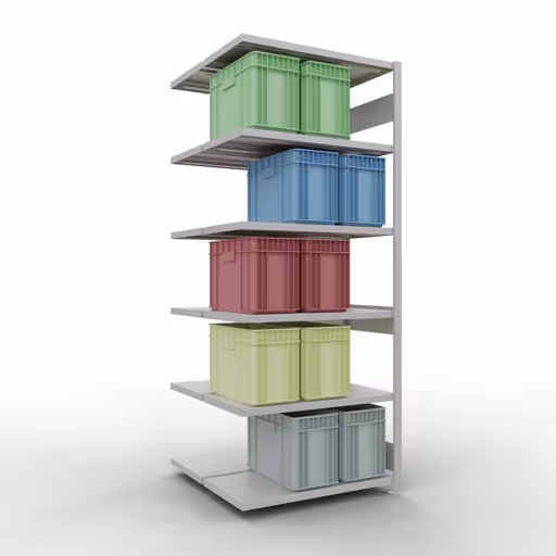 Productafbeelding nr.6 van het artikel aanbouwrekken, dubbele rekken, stellingrekken, insteeksysteem MULTIplus250, 2500 x 1000 x (2x500) mm, 2x6 planken, RAL 7035 lichtgrijs uit het assortiment stellingrekken van het merk Schulte Lagertechnik