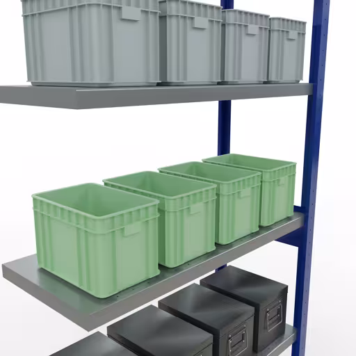 Extra afbeelding van het artikel Aanbouwrekken, legbord MULTIplus330 insteeksysteem, 2500 x 1000 x 400 mm, 6 legborden, lengtestangen, RAL 5010 gentiaanblauw/verzinkt vanaf opzetrek