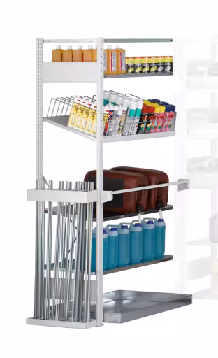 Aanbouwplank, plankmodule M1, 2000 x 1000 x 500 mm, RAL 7035 lichtgrijs/gegalvaniseerd, 4 MULTIplus150 planken van Schulte Lagertechnik uit het plug-in systeem-assortiment
