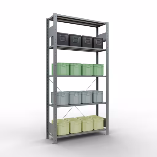 Extra afbeelding van het artikel Basisplank, legbord, insteeksysteem MULTIplus150, 2000 x 1000 x 300 mm (HxBxD), 5 legborden, kruisschoor, verzinkt - Expressline Extra afbeelding van het artikel basisplank, legplank, insteeksysteem MULTIplus150, 2000 x 1000 x 300 mm, 5 legborden, verzinkt - Expressline van basisplank