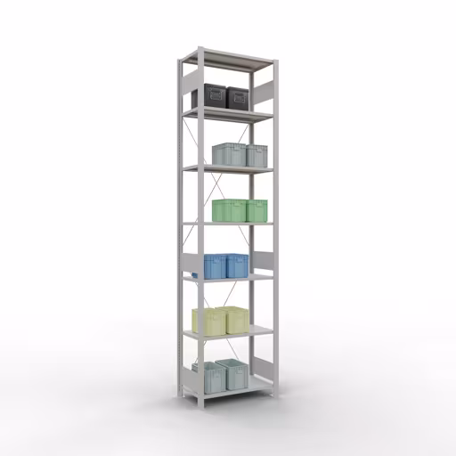 Basisplank, legbord, insteeksysteem MULTIplus150, 3000 x 750 x 400 mm (HxBxD), 7 legborden, kruisschoor, RAL 7035 lichtgrijs met artikelnr. 32642-75 Basisplank, legbord, insteeksysteem MULTIplus150, 3000 x 750 x 400 mm, 7 planken, RAL 7035 lichtgrijs van Schulte Lagertechnik uit de categorie insteeksysteem