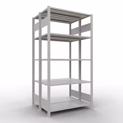 Basisplank, dubbele plank, rekkensysteem MULTIplus150, 2000 x 1000 x (2x400) mm (HxBxD), 2x5 planken, lengtestangen, RAL 7035 lichtgrijs van Schulte Lagertechnik Basisplank, dubbele plank, stellingsysteem MULTIplus150, 2000 x 1000 x (2x400) mm (HxBxD), 2x5 planken, lengtestangen, RAL 7035 lichtgrijs, dubbele planken, art.nr. 33140