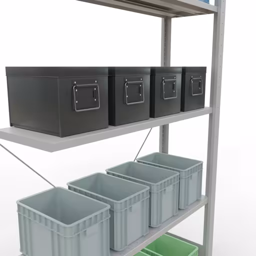 Productafbeelding nr. 13 van het artikel Aanbouwrekken, legbordstellingen, insteeksysteem MULTIplus85, 2000 x 1000 x 300 mm (HxBxD), 5 legborden, kruisschoor, RAL 7035 lichtgrijs Figuur nr. 13 van het artikel aanbouwrekken, legbordstellingen, insteeksysteem MULTIplus85, 2000 x 1000 x 300 mm, 5 legborden, RAL 7035 lichtgrijs uit de productgroep insteeksysteem van het merk Schulte Lagertechnik.