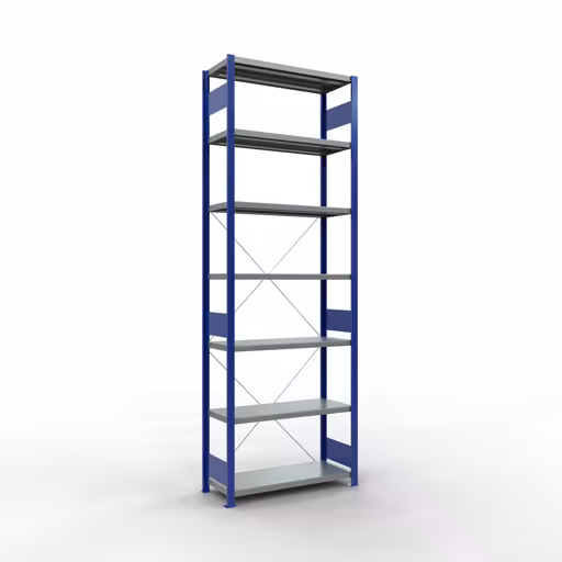 Basisplank, legplank, insteeksysteem MULTIplus250, 3000 x 1000 x 400 mm (HxBxD), 7 legborden, kruisschoor, RAL 5010 gentiaanblauw/verzinkt, basisplank, art.nr. 12942-B