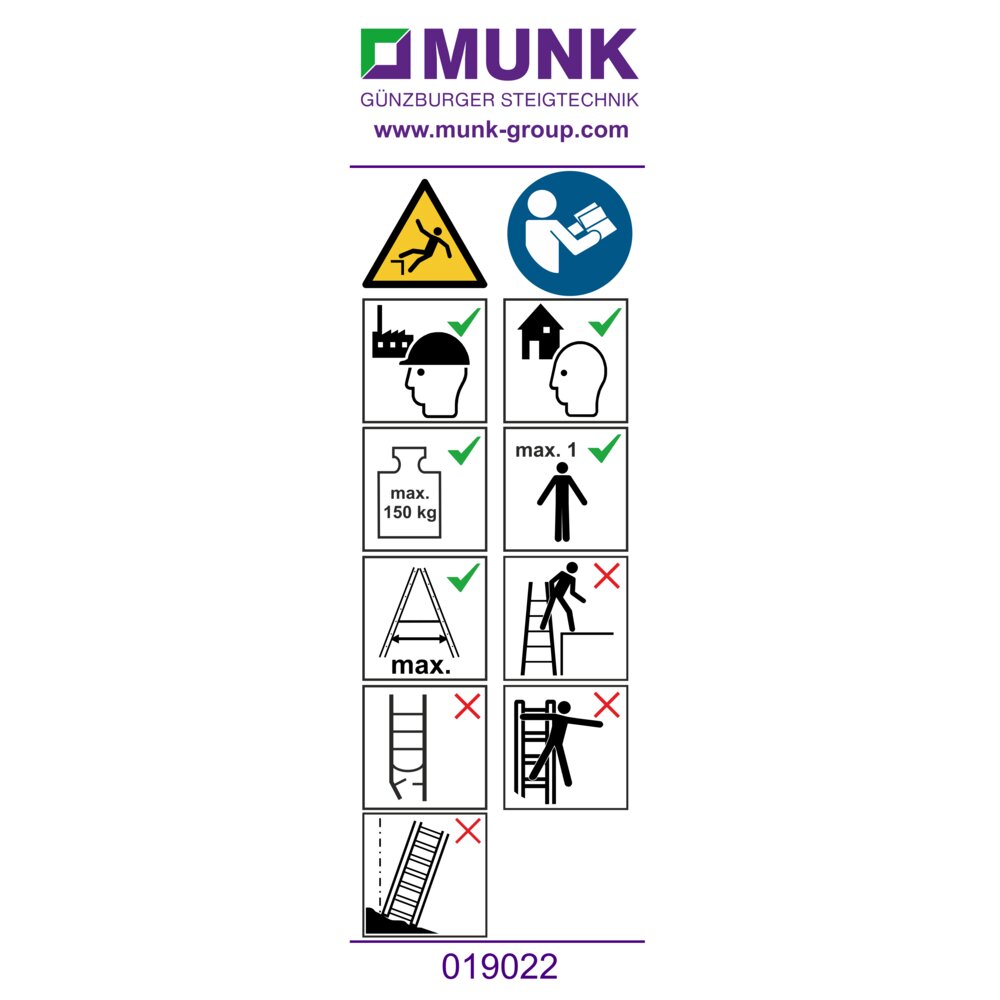 Munk waarschuwingssticker voor trappen, eenzijdig toegankelijk, sticker 19022 van Günzburger Steigtechnik Munk waarschuwingssticker voor trapladders, enkelzijdige toegang, sticker 19022 uit de categorie trapladders met artikelnummer 019142