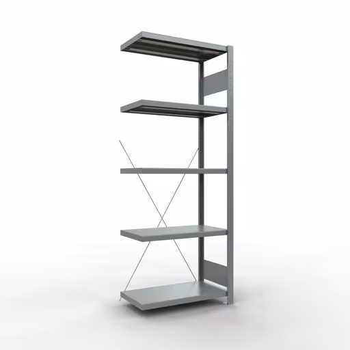 Aanbouwrekken, legborden, insteeksysteem MULTIplus250, 2000 x 750 x 400 mm (HxBxD), 5 legborden, kruisschoor, verzinkt, aanbouwplank, art.nr. 12945-75