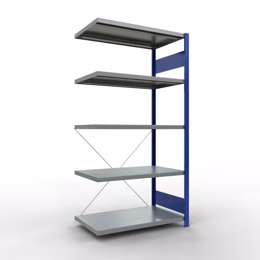 Aanbouwrekken, rekken, insteeksysteem MULTIplus250, 2000 x 1000 x 600 mm (HxBxD), 5 planken, kruisschoor, RAL 5010 gentiaanblauw/gegalvaniseerd van Schulte Lagertechnik Aanbouwrekken, rekken, insteeksysteem MULTIplus250, 2000 x 1000 x 600 mm (HxBxD), 5 legborden, kruisschoor, RAL 5010 gentiaanblauw/verzinkt, aanbouwplank, art.nr. 12965-B